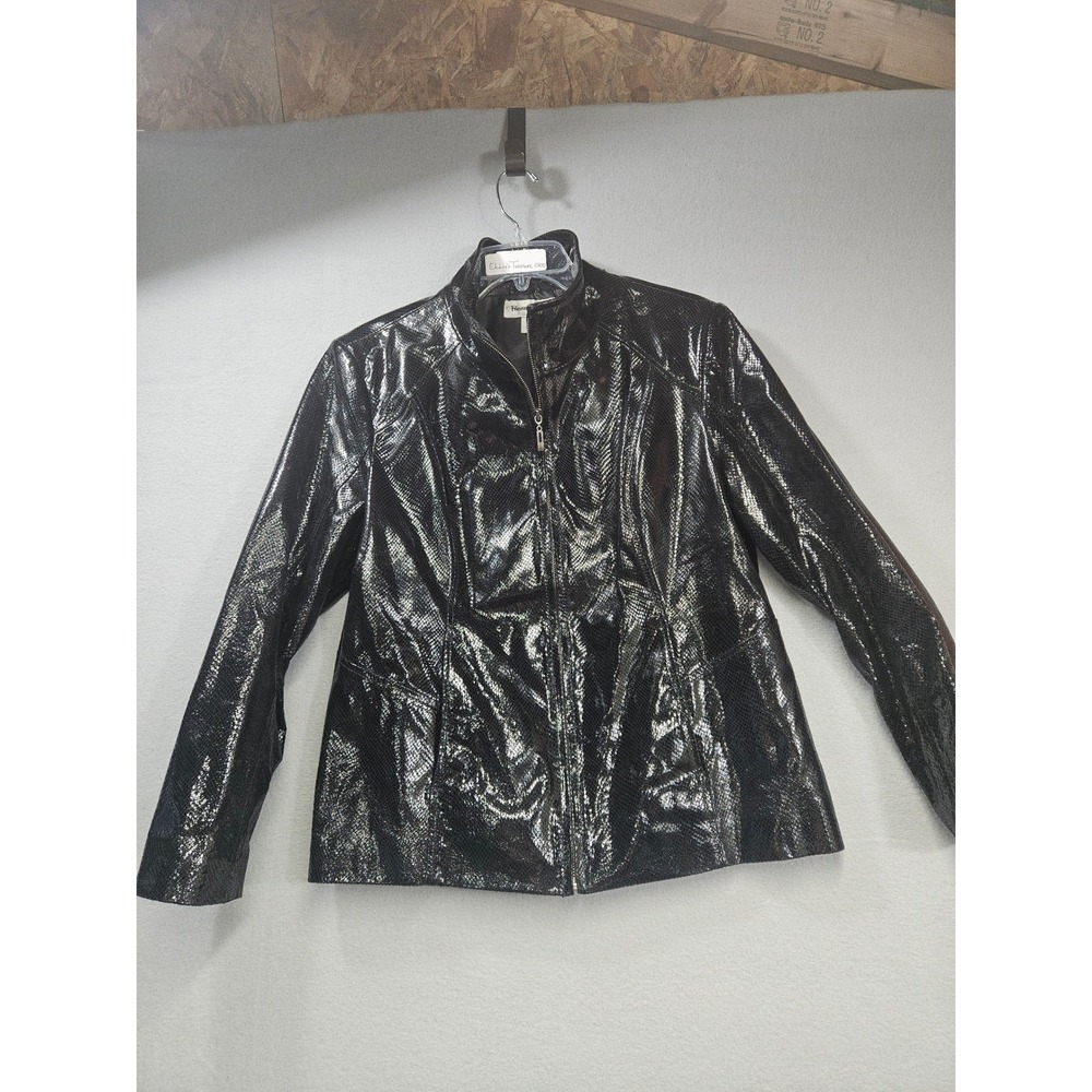 Preston & York Womens Black Snakeskin Embossed Metallic Leather Jacket Large L